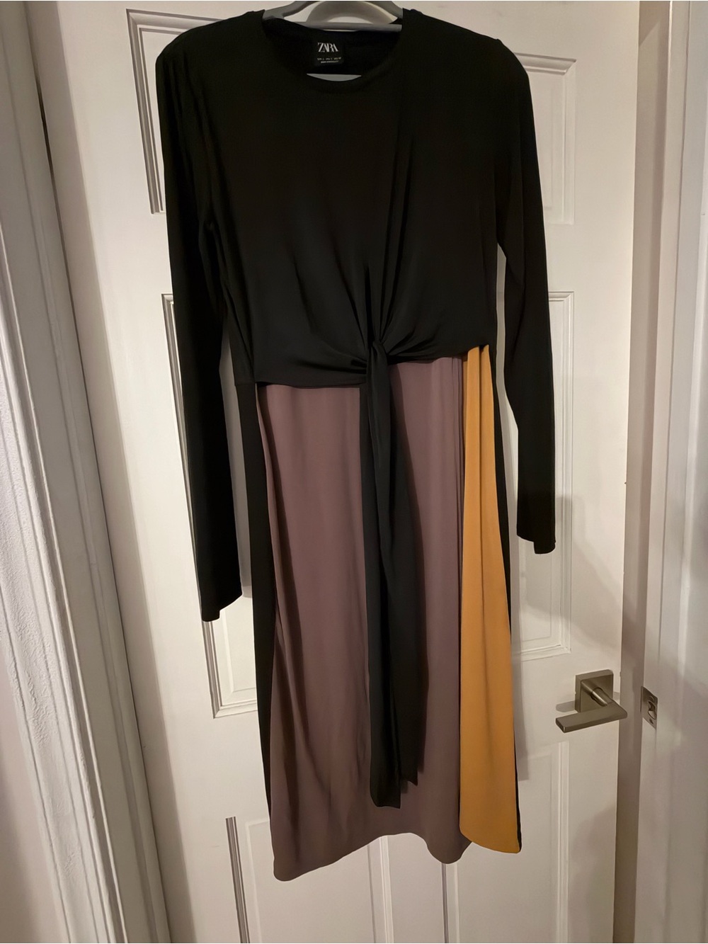Zara Black Tie-Front Colorblock Midi Dress with Mauve and Mustard Panels